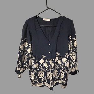 Embroidered Navy V-Neck Button-Front Blouse by Sea & Sky